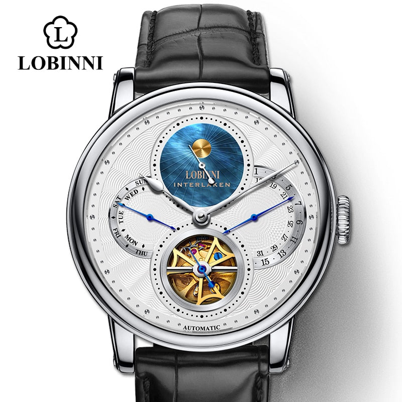 LOBINNI Rome dial watches men's Automatic gear mechanical brands steel wristwatch with leather