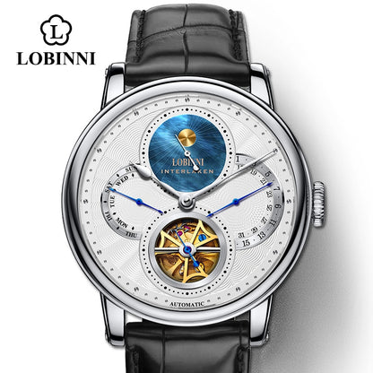 LOBINNI Rome dial watches men's Automatic gear mechanical brands steel wristwatch with leather