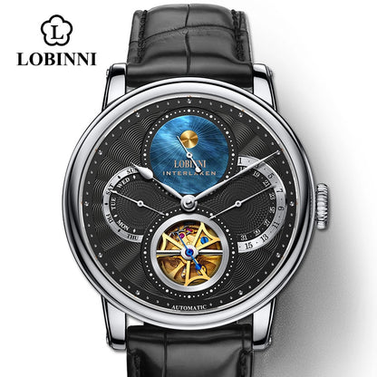 LOBINNI Rome dial watches men's Automatic gear mechanical brands steel wristwatch with leather