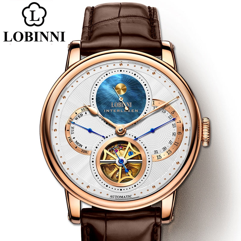 LOBINNI Rome dial watches men's Automatic gear mechanical brands steel wristwatch with leather