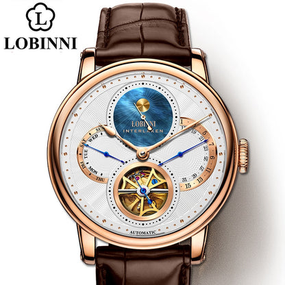 LOBINNI Rome dial watches men's Automatic gear mechanical brands steel wristwatch with leather